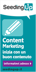 Se hai bisogno di una descrizione più tecnica per lettori di schermo: Soggetto: Banner promozionale orizzontale di SeedingUp. Elementi grafici: Logo aziendale sulla sinistra; icona di una matita al centro; sfondo color petrolio/acquamarina. Testo presente: "SeedingUp - Digital Content Marketing. Content Marketing inizia con un buon contenuto. informatevi adesso. seedingup.it".